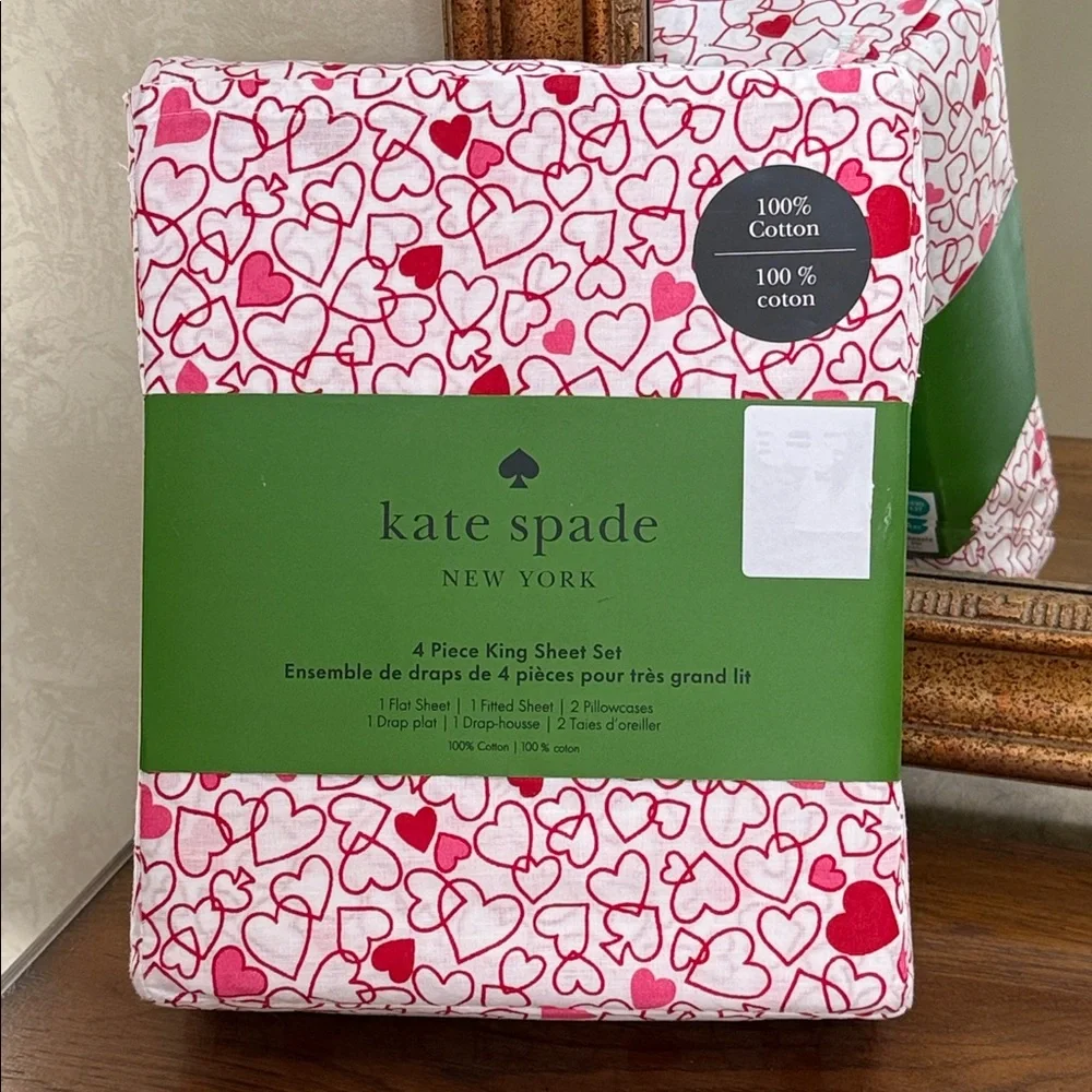 Kate Spade King size Red and Pink Heart Sheet Set.